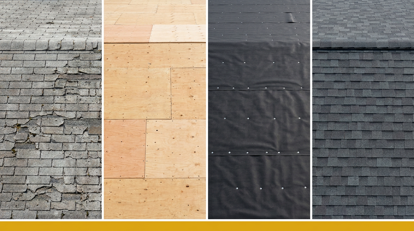 Four stages East Baton Rouge Parish requires photographed for a roof permit: existing shingles, decking, underlayment and finished roofing materials