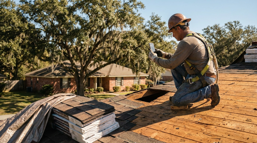 Roofing contractor photographing roof decking for East Baton Rouge Parish permit documentation under Louisiana Act 239
